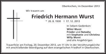 Traueranzeige von Friedrich Hermann Wurst von Schwäbische Post