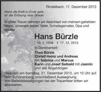 Traueranzeige von Hans Bürzle von Schwäbische Post