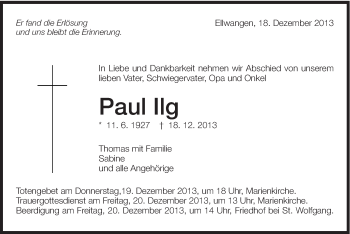 Traueranzeige von Paul Ilg von Schwäbische Post
