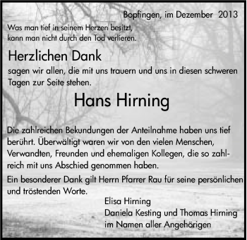 Traueranzeige von Hans Hirning von Schwäbische Post