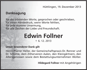 Traueranzeige von Edwin Follner von Schwäbische Post