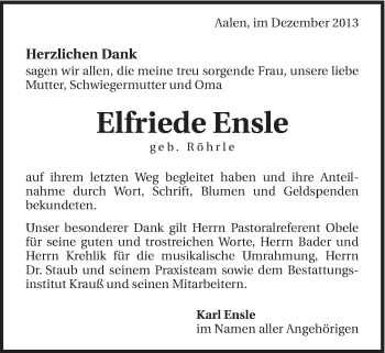 Traueranzeige von Elfriede Ensle von Schwäbische Post