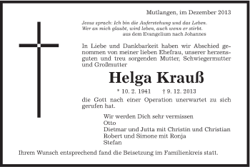 Traueranzeige von Helga Krauß von Gmünder Tagespost