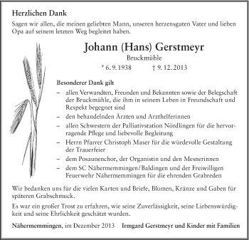 Traueranzeige von Johann Gerstmeyer von Schwäbische Post