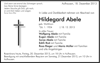Traueranzeige von Hildegard Abele von Schwäbische Post