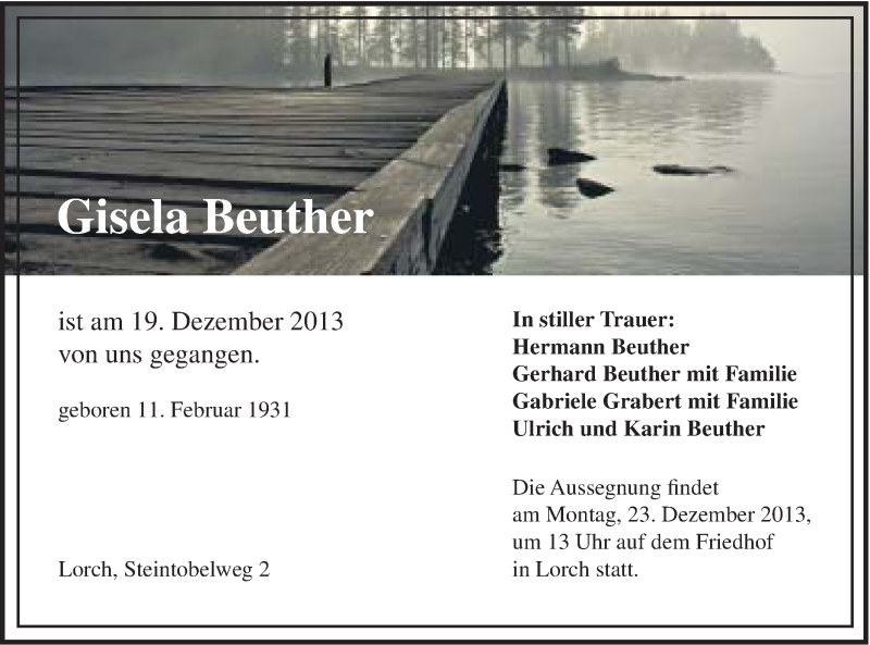  Traueranzeige für Gisela Beuther vom 20.12.2013 aus Gmünder Tagespost