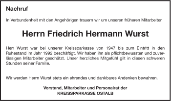 Traueranzeige von Friedrich Hermann Wurst von Schwäbische Post