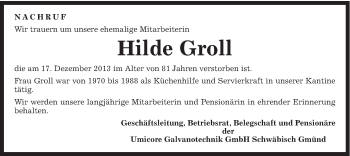 Traueranzeige von Hilde Groll von Gmünder Tagespost
