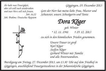 Traueranzeige von Dora Köger von Gmünder Tagespost