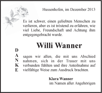 Traueranzeige von Willi Wanner von Gmünder Tagespost