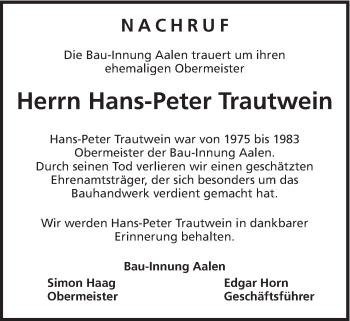 Traueranzeige von Hans-Peter Trautwein von Schwäbische Post