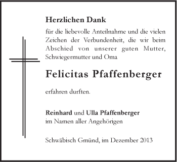 Traueranzeige von Felicitas Pfaffenberger von Gmünder Tagespost
