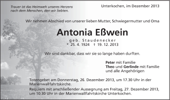 Traueranzeige von Antonia Eßwein von Schwäbische Post
