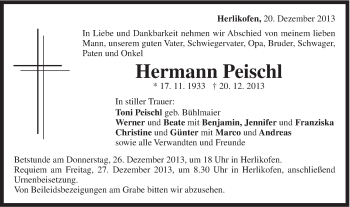 Traueranzeige von Hermann Peischl von Gmünder Tagespost
