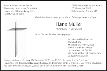 Traueranzeige von Hans Müller von Gmünder Tagespost