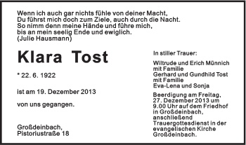 Traueranzeige von Klara Tost von Gmünder Tagespost