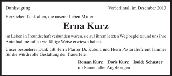 Traueranzeige von Erna Kunz von Gmünder Tagespost
