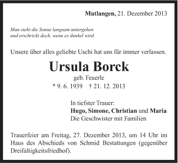 Traueranzeige von Ursula Borck von Gmünder Tagespost