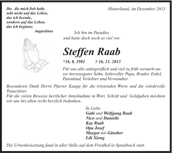 Traueranzeige von Steffen Raab von Gmünder Tagespost