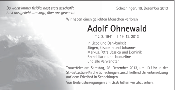 Traueranzeige von Adolf Ohnewald von Gmünder Tagespost