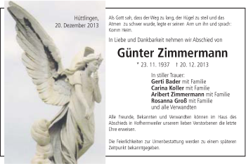 Traueranzeige von Günter Zimmermann von Schwäbische Post