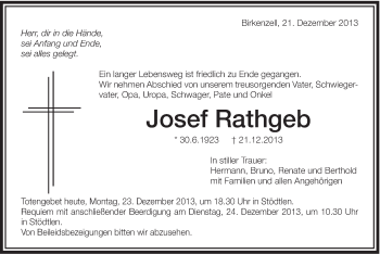 Traueranzeige von Josef Rathgeb von Schwäbische Post