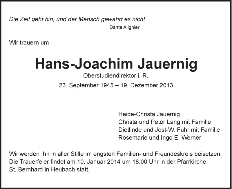  Traueranzeige für Hans-Joachim Jauernig vom 23.12.2013 aus Gmünder Tagespost