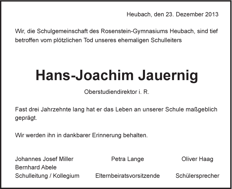  Traueranzeige für Hans-Joachim Jauernig vom 23.12.2013 aus Gmünder Tagespost