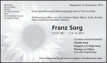 Traueranzeige von Franz Sorg von Schwäbische Post
