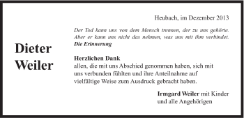 Traueranzeige von Dieter Weiler von Gmünder Tagespost