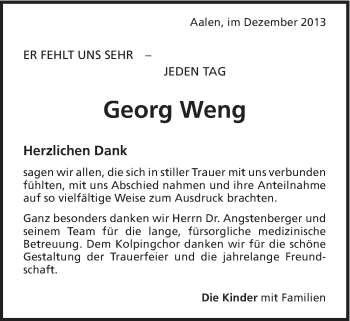 Traueranzeige von Georg Weng von Schwäbische Post