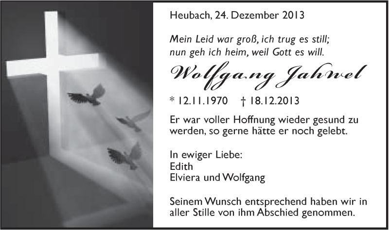  Traueranzeige für Wolfgang Jahnel vom 24.12.2013 aus Gmünder Tagespost