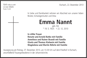 Traueranzeige von Emma Nannt von Gmünder Tagespost