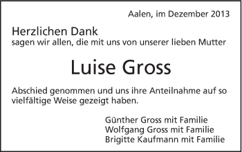 Traueranzeige von Luise Gross von Schwäbische Post