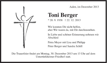 Traueranzeige von Toni Berger von Schwäbische Post