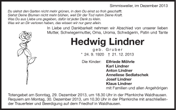 Traueranzeige von Hedwig Lindner von Schwäbische Post