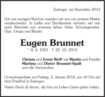Traueranzeige von Eugen Brunnet von Schwäbische Post