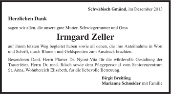 Traueranzeige von Irmgard Zeller von Gmünder Tagespost