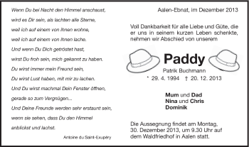 Traueranzeige von Patrik Buchmann von Schwäbische Post