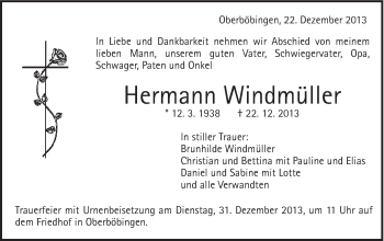 Traueranzeige von Hermann Windmüller von Gmünder Tagespost