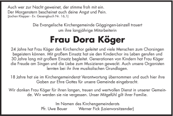 Traueranzeige von Dora Köger von Gmünder Tagespost
