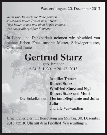 Traueranzeige von Gertrud Starz von Schwäbische Post