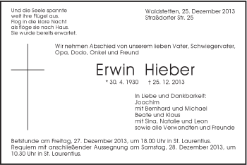 Traueranzeige von Erwin Hieber von Gmünder Tagespost