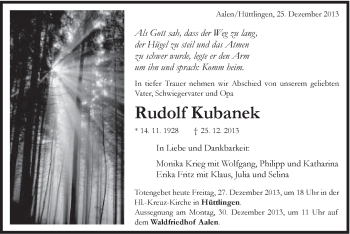 Traueranzeige von Rudolf Kubanek von Schwäbische Post