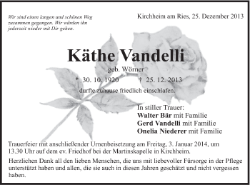 Traueranzeige von Käthe Vandelli von Schwäbische Post