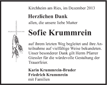 Traueranzeige von Sofie Krummrein von Schwäbische Post