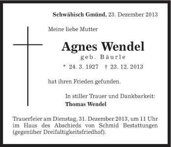 Traueranzeige von Agnes Wendel von Gmünder Tagespost
