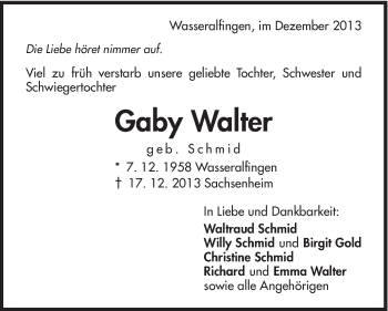 Traueranzeige von Gaby Walter von Schwäbische Post