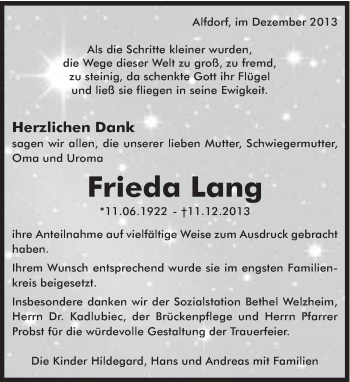 Traueranzeige von Frieda Lang von Gmünder Tagespost