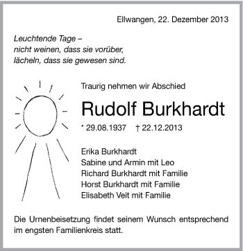 Traueranzeige von Rudolf Burkhardt von Schwäbische Post